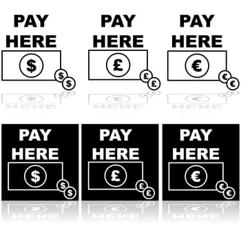 Icon set showing cash in different currencies and the words PAY HERE on top of it