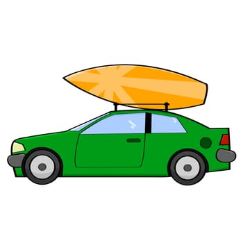 Cartoon illustration showing a surfboard on top of a green car