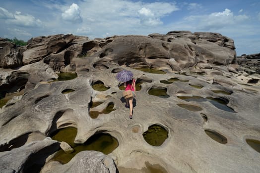 The stone landscape in the Mekong River of the Natural Park Sam Phan Bok near Lakhon Pheng on the Mekong River in the province of Amnat Charoen northwest of Ubon Ratchathani in northeastern Thailand in South East Asia.