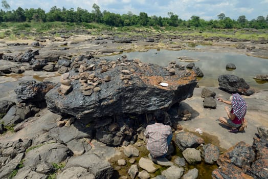 Fractures of a meteorite in the stone landscape in the Mekong River of the Sam Phan Bok Natural Park near Lakhon Pheng on the Mekong River in Amnat Charoen province northwest of Ubon Ratchathani in northeastern Thailand in South East Asia.