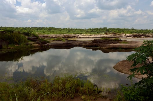 The stone landscape in the Mekong River of the Natural Park Sam Phan Bok near Lakhon Pheng on the Mekong River in the province of Amnat Charoen northwest of Ubon Ratchathani in northeastern Thailand in South East Asia.