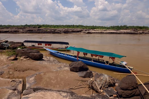 The stone landscape in the Mekong River of the Natural Park Sam Phan Bok near Lakhon Pheng on the Mekong River in the province of Amnat Charoen northwest of Ubon Ratchathani in northeastern Thailand in South East Asia.