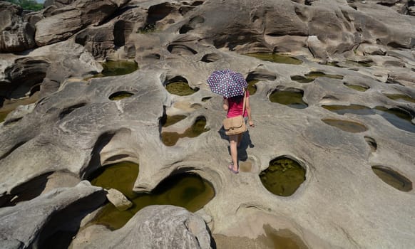 The stone landscape in the Mekong River of the Natural Park Sam Phan Bok near Lakhon Pheng on the Mekong River in the province of Amnat Charoen northwest of Ubon Ratchathani in northeastern Thailand in South East Asia.