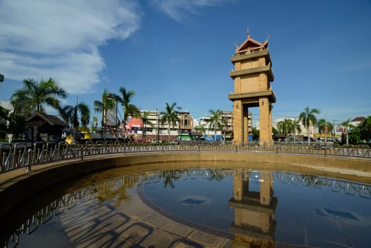 The clock tower in the center of the capital Amnat Charoen of the province of Amnat Charoen northwest of Ubon Ratchathani in northeastern Thailand in South East Asia.