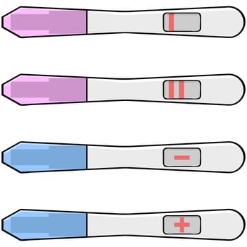 Cartoon illustration showing two types of pregnancy tests with positive and negative results