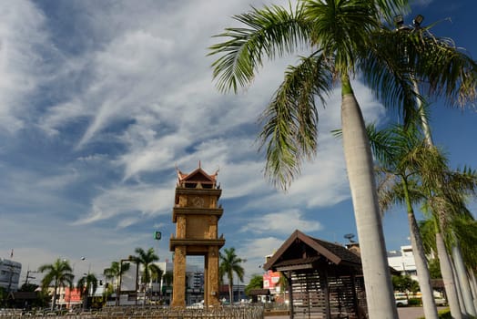 The clock tower in the center of the capital Amnat Charoen of the province of Amnat Charoen northwest of Ubon Ratchathani in northeastern Thailand in South East Asia.