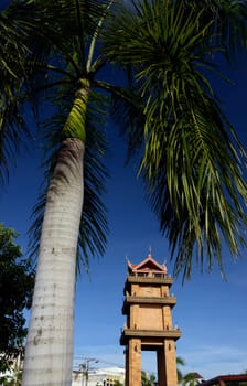 The clock tower in the center of the capital Amnat Charoen of the province of Amnat Charoen northwest of Ubon Ratchathani in northeastern Thailand in South East Asia.