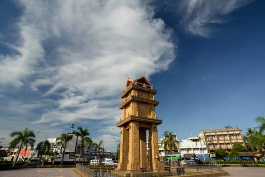 The clock tower in the center of the capital Amnat Charoen of the province of Amnat Charoen northwest of Ubon Ratchathani in northeastern Thailand in South East Asia.