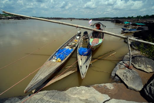 The stone landscape in the Mekong River of the Natural Park Sam Phan Bok near Lakhon Pheng on the Mekong River in the province of Amnat Charoen northwest of Ubon Ratchathani in northeastern Thailand in South East Asia.