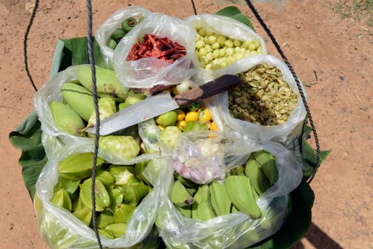 Fresh fruits are sold in the province of Amnat Charoen northwest of Ubon Ratchathani in northeastern Thailand in South East Asia.
