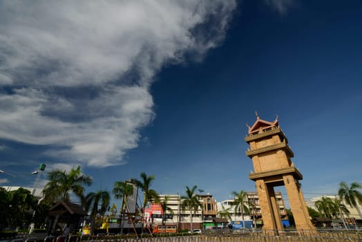 The clock tower in the center of the capital Amnat Charoen of the province of Amnat Charoen northwest of Ubon Ratchathani in northeastern Thailand in South East Asia.