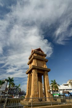 The clock tower in the center of the capital Amnat Charoen of the province of Amnat Charoen northwest of Ubon Ratchathani in northeastern Thailand in South East Asia.