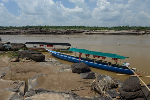The stone landscape in the Mekong River of the Natural Park Sam Phan Bok near Lakhon Pheng on the Mekong River in the province of Amnat Charoen northwest of Ubon Ratchathani in northeastern Thailand in South East Asia.