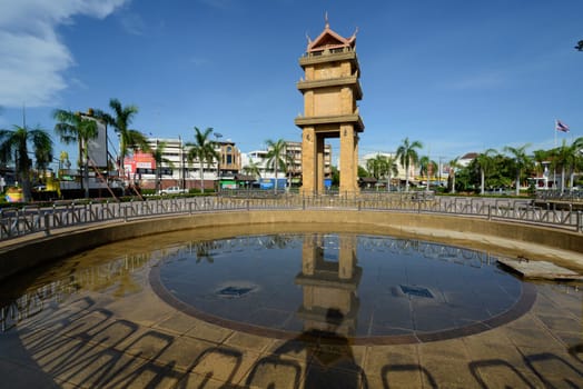 The clock tower in the center of the capital Amnat Charoen of the province of Amnat Charoen northwest of Ubon Ratchathani in northeastern Thailand in South East Asia.