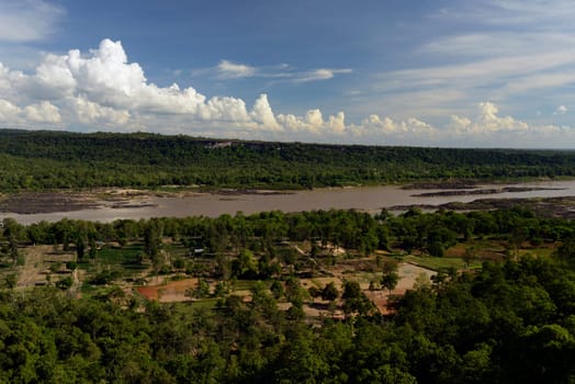 The landscape with views of the Mekong River from Pha Taem National Park at Khong Chiam near Ubon Ratchathani in northeastern Thailand in South East Asia.