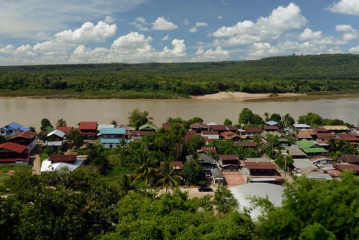 View from Wat Tham Khu Ha Sawan Temple in Khong Jiam on the Mekong River near Pha Taem National Park near Ubon Ratchathani in northeastern Thailand in South East Asia.