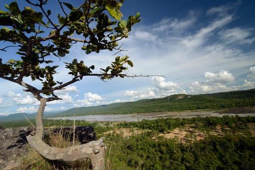 The landscape with views of the Mekong River from Pha Taem National Park at Khong Chiam near Ubon Ratchathani in northeastern Thailand in South East Asia.
