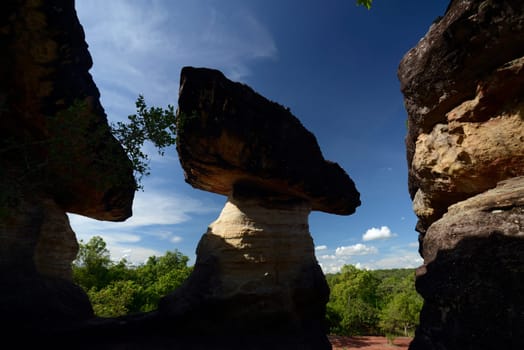 The landscape and mushroom slacks in Pha Taem National Park near Ubon Ratchathani in northeastern Thailand in South East Asia.