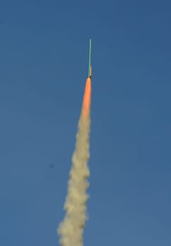 A racket starts at the traditional rocket festival or Bun Bang Fai or Rocket Festival in Ban Si Than in Amnat Charoen province northwest of Ubon Ratchathani in northeastern Thailand in South East Asia.