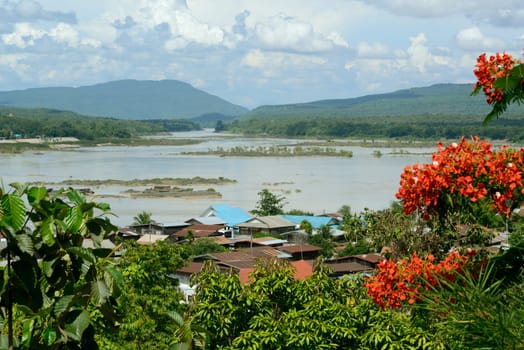 View from Wat Tham Khu Ha Sawan Temple in Khong Jiam on the Mekong River near Pha Taem National Park near Ubon Ratchathani in northeastern Thailand in South East Asia.