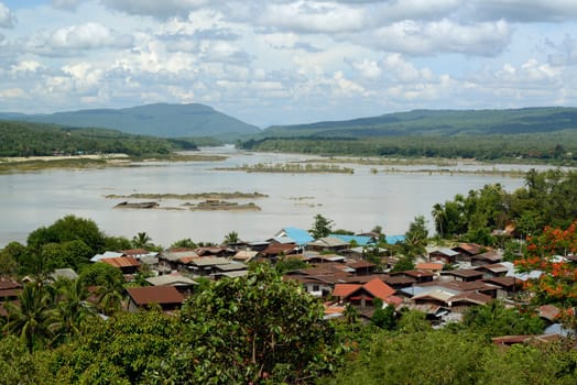 View from Wat Tham Khu Ha Sawan Temple in Khong Jiam on the Mekong River near Pha Taem National Park near Ubon Ratchathani in northeastern Thailand in South East Asia.