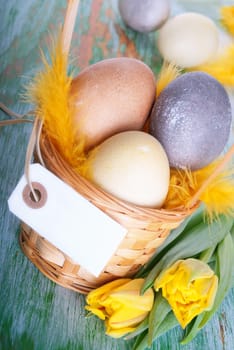 Easter Eggs in a Basket with Blank Label and Copy Space