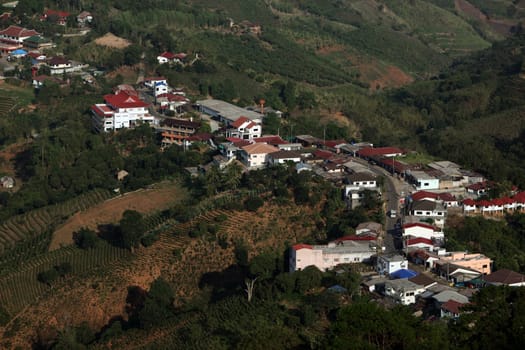 The center of the old mountain village Of Mae Salong in the hilly landscape of Chiang Rai in Chiang Rai Province in northern Thailand in South East Asia.