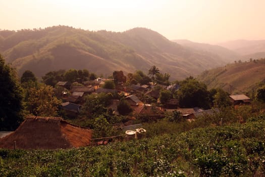 A small village in the countryside near the mountain village of Mae Salong in the hilly landscape of Chiang Rai in Chiang Rai Province in northern Thailand in South East Asia.