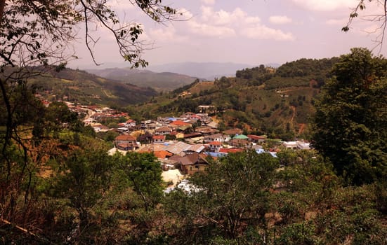 The center of the old mountain village Of Mae Salong in the hilly landscape of Chiang Rai in Chiang Rai Province in northern Thailand in South East Asia.