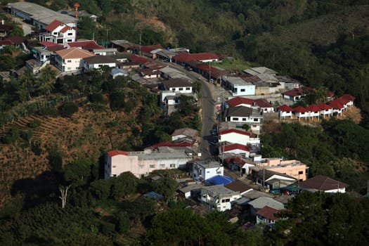 The center of the old mountain village Of Mae Salong in the hilly landscape of Chiang Rai in Chiang Rai Province in northern Thailand in South East Asia.