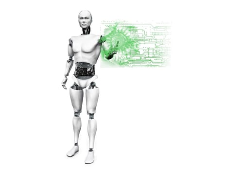A male robot standing and pushing a technology button with his finger. White background.
