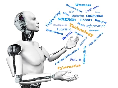 A male robot looking at a technology theme word cloud. White background.