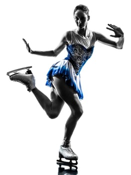 one caucasian woman ice skater skating in silhouette on white background