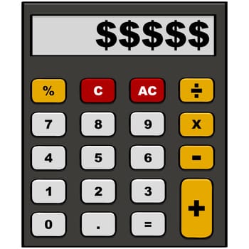 Cartoon illustration showing a calculator with dollar signs in the display area