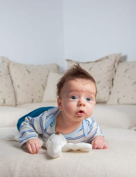3 months old baby boy portrait at home laying on is tummy.
