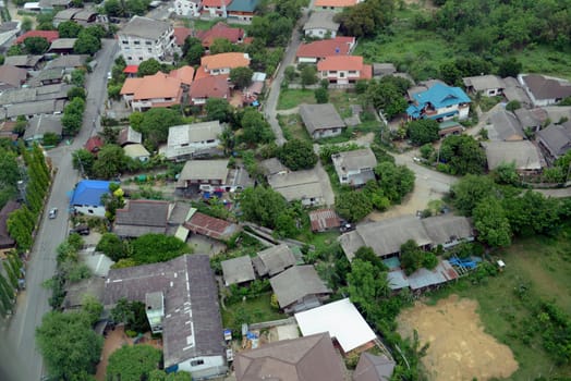 View from a plane on the flight over Chiang Mai in the north of Thailand in South East Asia.