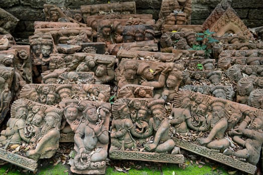 Traditional figures are available for sale in the garden of Ban Phor Linag Meun's Terracota Art at Terracota Garden in Chiang Mai in northern Thailand in South East Asia.