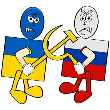Concept illustration showing a Ukrainian flag fighting with a Russian flag