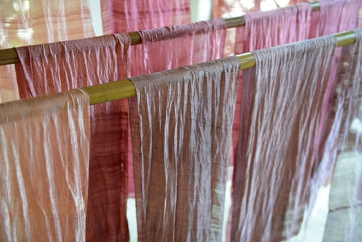 Silk fabric at a silk factory in Chiang Mai in northern Thailand in South East Asia.