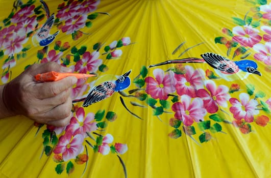 Traditionall umbrellas and faechers from Paier are produced in a paper screen factory in Chiang Mai in the north of Thailand in South East Asia.
