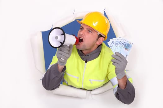 Construction worker with megaphone and money