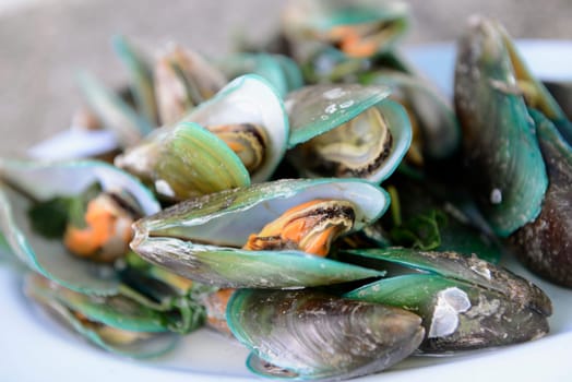 Mussels at a seafood restaurant in the capital Phuket Town on the island of Phuket in the south of Thailand in South East Asia.