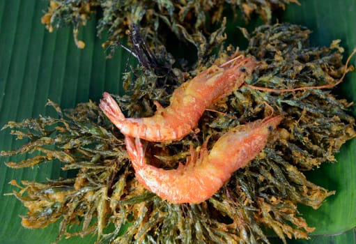 Shrimp with seagrass at a regional market on the island of Phuket in the south of Thailand in South East Asia.