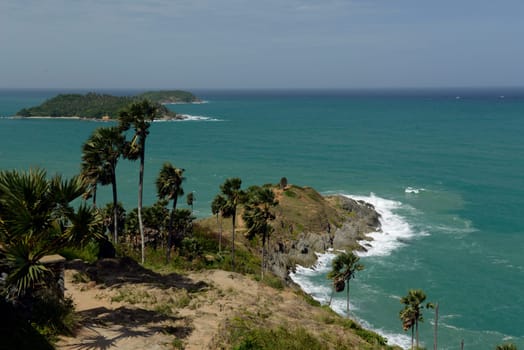 The cape Promthep viewpoint at Rawai Beach in the south of Phuket Island in the south of Thailand in South East Asia.