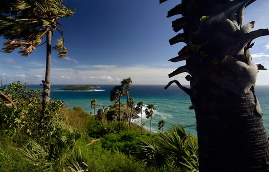 The cape Promthep viewpoint at Rawai Beach in the south of Phuket Island in the south of Thailand in South East Asia.