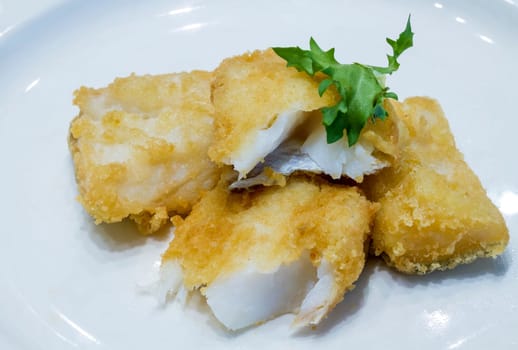 Fried fish fillet in white plate