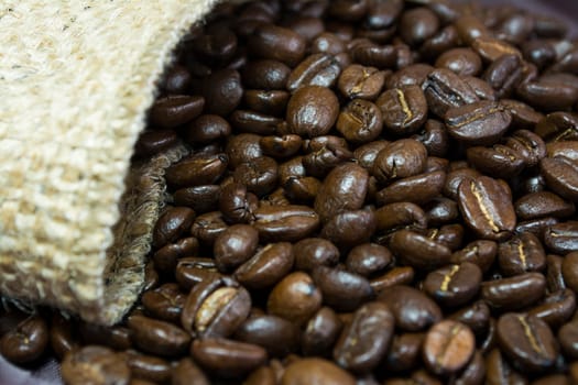 Detail of coffee beans outside his jute bag