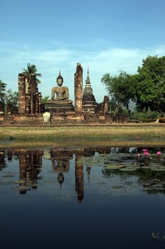 The Wat Mahathat Temple in the temple complex of Alt-Sukhothai in the province of Sukhothai in the north of Thailand in South East Asia.