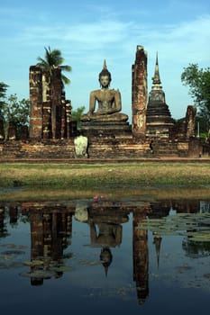 The Wat Mahathat Temple in the temple complex of Alt-Sukhothai in the province of Sukhothai in the north of Thailand in South East Asia.