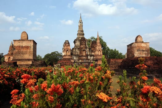 The Wat Mahathat Temple in the temple complex of Alt-Sukhothai in the province of Sukhothai in the north of Thailand in South East Asia.